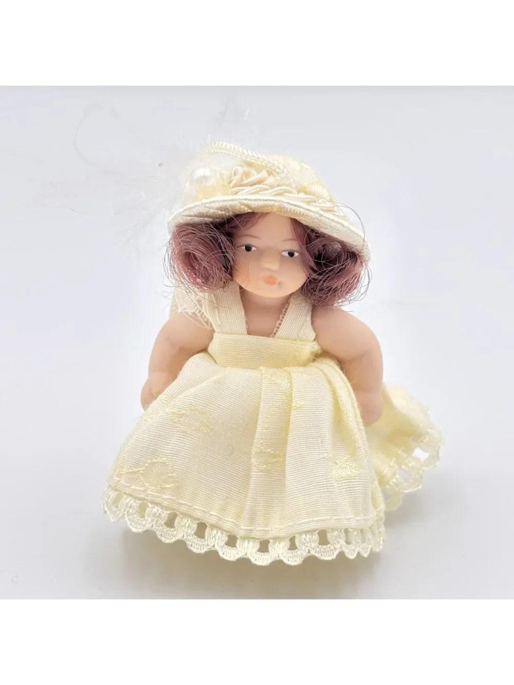 Miniature Porcelain Victorian Doll Christmas Ornament Cream Dress Beaded Hat 2”